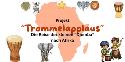 Projekt-Logo und Grafik: Trommelapplaus - Die Reise der kleinen Djemba nach Afrika mit Kontinent - Karte, Trommeln, Tieren und trommelnden Kindern