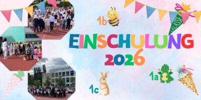 Illustration: Einschulung 2026 1b - Biene, 1a - Drachen, 1c - Hasen links drei Fotos die das Einschulungsprogramm zeigt