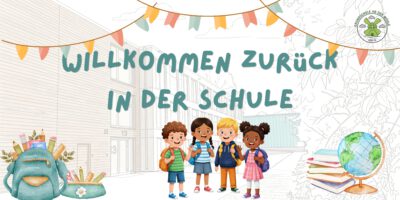 Illustration: Willkommen zurück in der Schule im Hintergrund die Skizze des Hauptgebäudes (Homeb) links: Rucksack und Federtasche in der Mitte: 4 Kinder mit Rucksäcken rechts: Bücherstapel und Globus