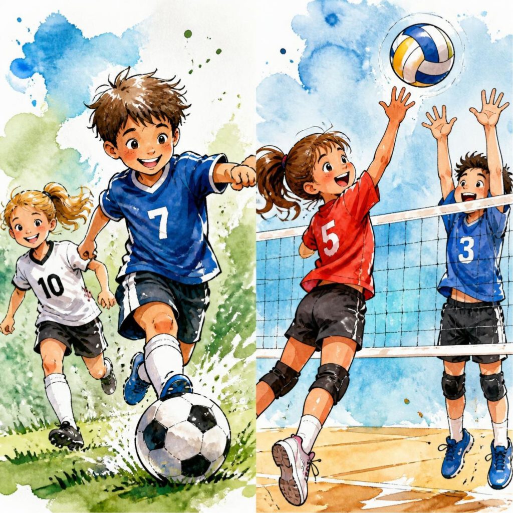 Illustration zum AG-Sport: Links rennen Kinder beim Fußballspielen einem Fußball hinterher, rechts pritschen Kinder einen Volleyball über ein Netz.