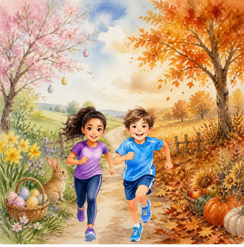 Illustration zu den Schulläufen: Ein Mädchen und ein Junge laufen fröhlich im Sportzeug durch eine Landschaft, die links den Frühling mit Osterhasen und rechts den Herbst mit buntem Laub zeigt.