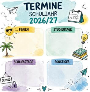 Übersichtsgrafik: Termine Schuljahr 2026/27 mit vier Abschnitten für Ferien, Studientage, Schließtage und Sonstiges.