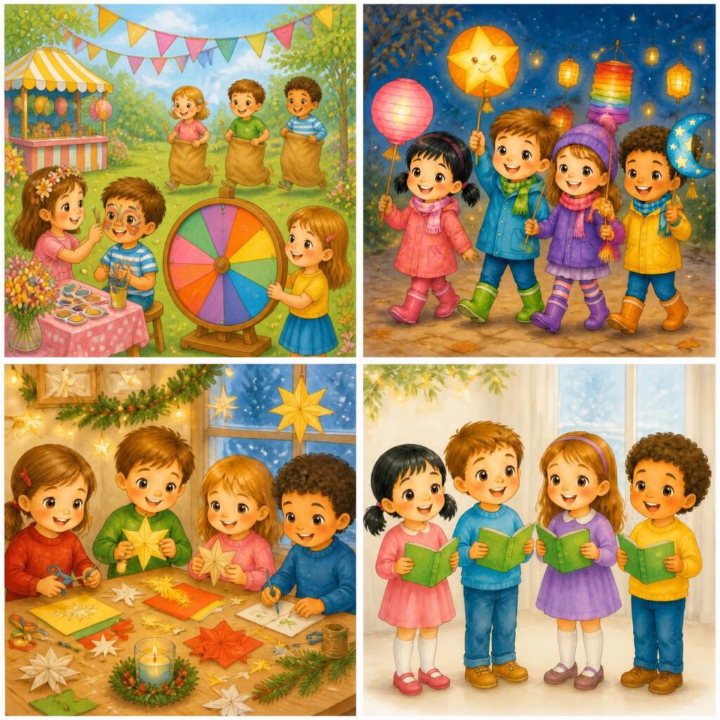 Vierteilige Illustrations-Grid zu Schulfesten und Jahreszeiten: Sommerfest mit Sackhüpfen und Glücksrad, Laternenumzug am Abend, Weihnachtsbasteln am Tisch und ein singender Kinderchor.