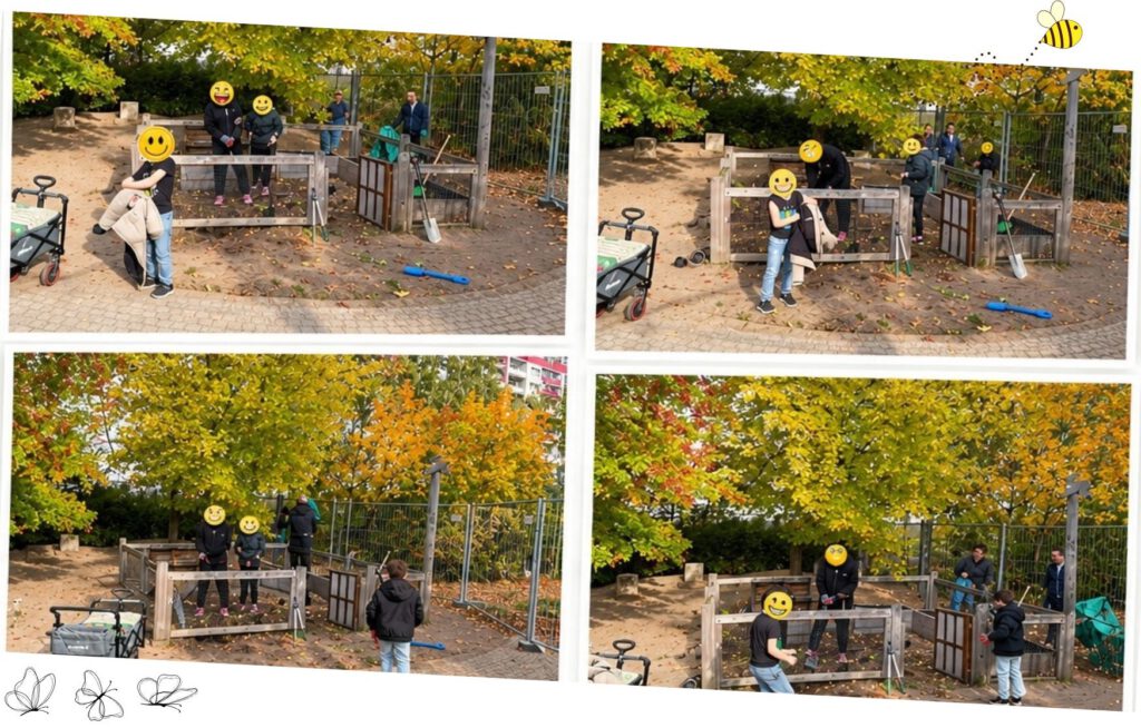 Eine Collage aus vier Fotos, die verschiedene Szenen bei Garten- oder Pflanzarbeiten auf einem Schulhof im Herbst zeigen. Mehrere Personen und Kinder, teilweise mit Smiley-Gesichtern unkenntlich gemacht, arbeiten an Hochbeeten, während im Hintergrund herbstlich verfärbte Bäume und ein Bauzaun zu sehen sind