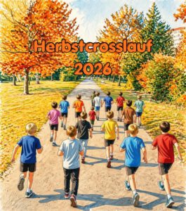 Eine herbstliche Parklandschaft im bunten Laub: Auf einem Waldweg laufen mehrere Schulkinder in bunten Sportkleidern von hinten zu sehen.