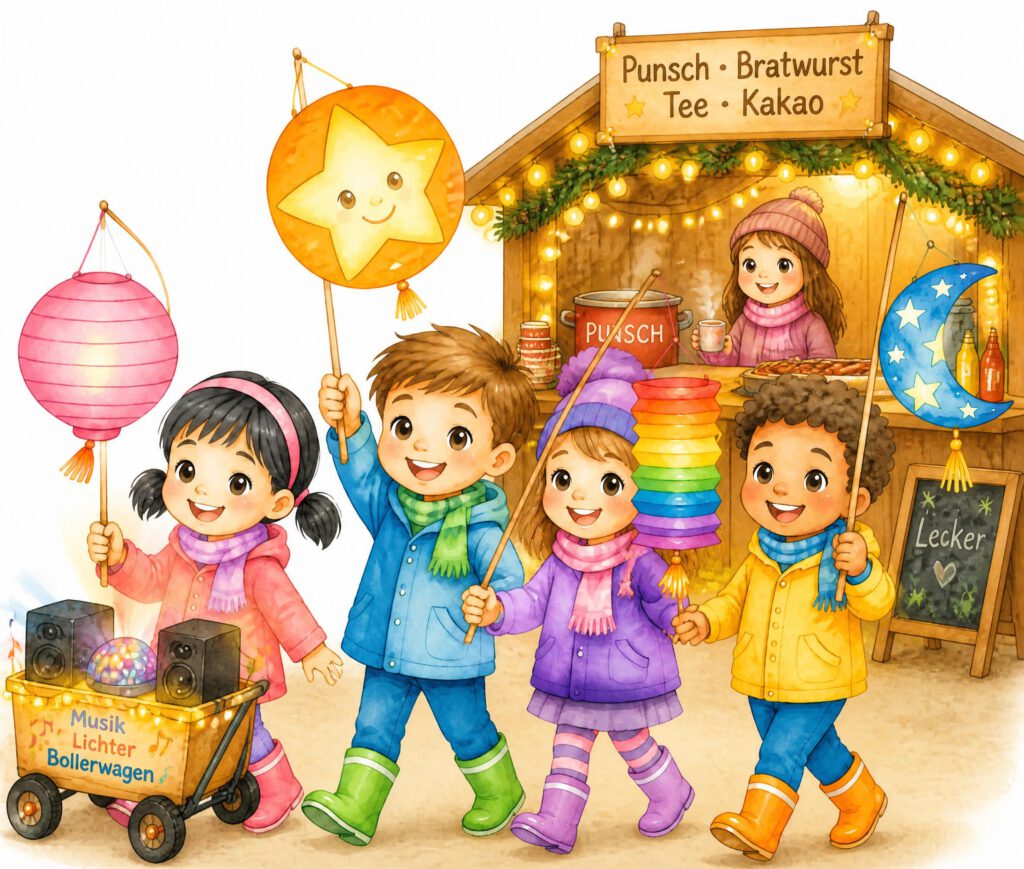llustration zu einem Laternenumzug: Vier fröhliche Kinder mit bunten Laternen ziehen an einem Verkaufsstand für Punsch, Tee, Kakao und Bratwurst vorbei, begleitet von einem dekorierten Musik- und Lichter-Bollerwagen.